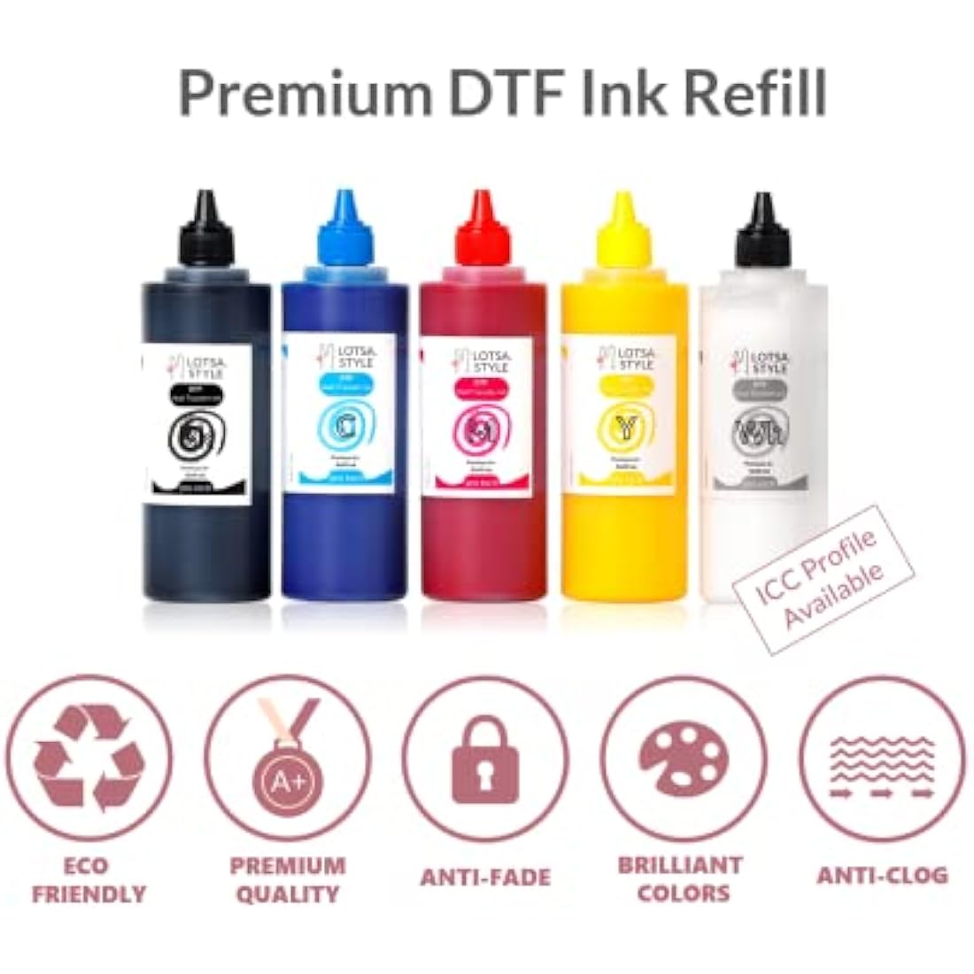 LOTSA. STYLE Premium DTF Ink Refill for Inkjet Printers Heat Transfer Film Printing (250ml x 6, CMYK Wh)