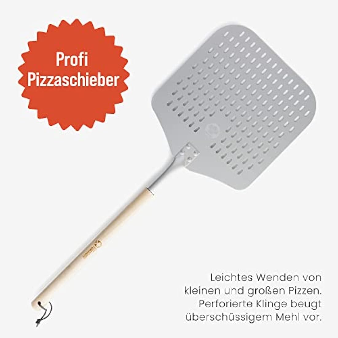 Chef Pomodoro Long Perforated Pizza Peel 12" x 14" (30 x 36 cm), Aluminum Pizza Paddle with Detachable Wood 49" (124 cm) Extendable Handle for Easy Storage Gourmet Luxury Pizza Turning Peel for Baking