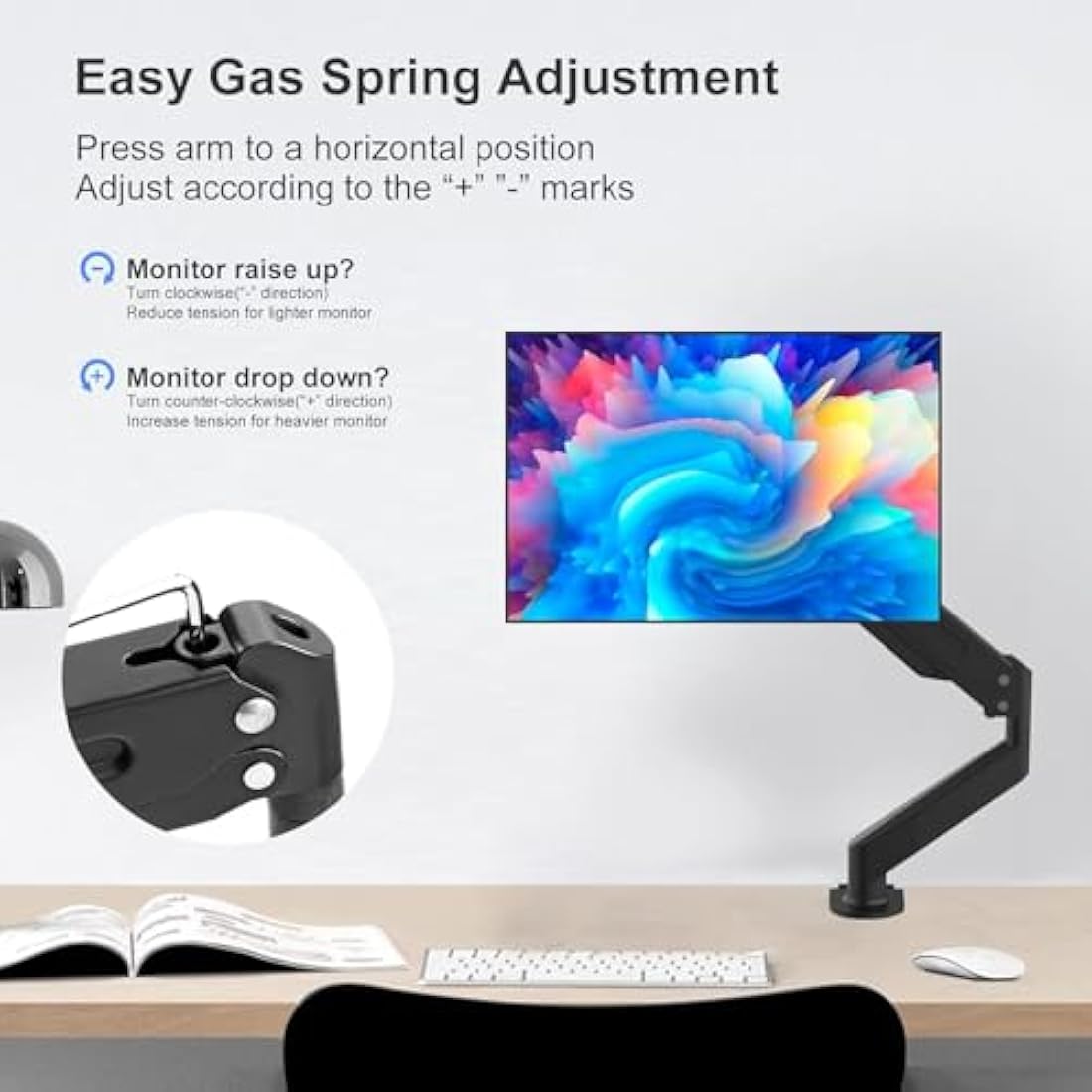 Suptek Single Monitor Arm Gas Spring, Monitor Arm Desk Mount for 17-32 inch Monitors up to 10kg, Tool Free Height Adjustable Screen Arm with Tilt Swivel Rotation, VESA 75/100mm, C-clamp/Grommet Option