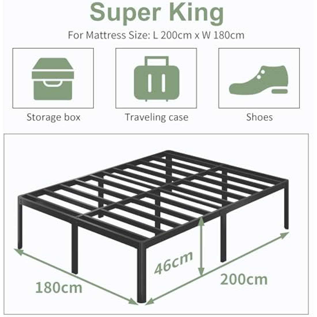 Lutown-Teen High Super King Bed Frame 6ft with Rounded Corner Legs, Heavy Duty Metal Super King Size Bed 180x200cm, Super King Size Bed 46 cm High, Noise Free, Easy Assembly