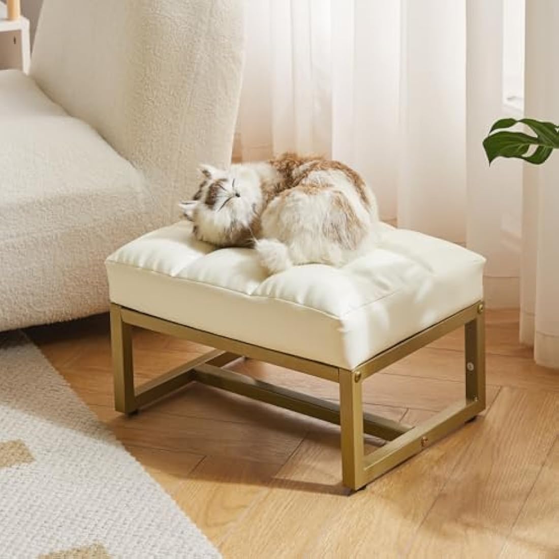 Aibiju Small Footstool Ottoman, Rectangle Faux Leather Footstool with Gold Metal Frame, Change Shoes Stool for Living Room, Bedroom, Entryway Office, White YD-JD139W