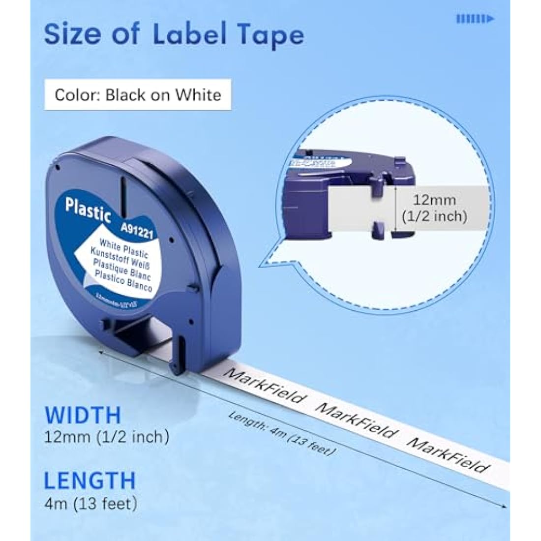 MarkField Compatible Label Tapes Replacement for Dymo Letratag Plastic White Tape 91201 S0721610, Compatible for Dymo Letratag LT-100H LT-100T LT-110T QX50 XR XM 200B Plus, 12mm x 4m, 10-Pack