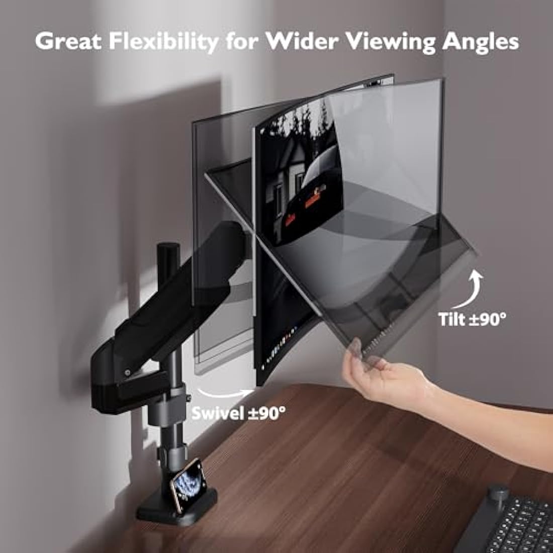 BONTEC Single Monitor Arm Desk Mount for 13-32 Inch Screens, Adjustable Gas Spring Arm Stand, VESA 75/100mm, 9kg Capacity, Tilt, Swivel, 360° Rotation, C-Clamp & Grommet Options, Ergonomic Design