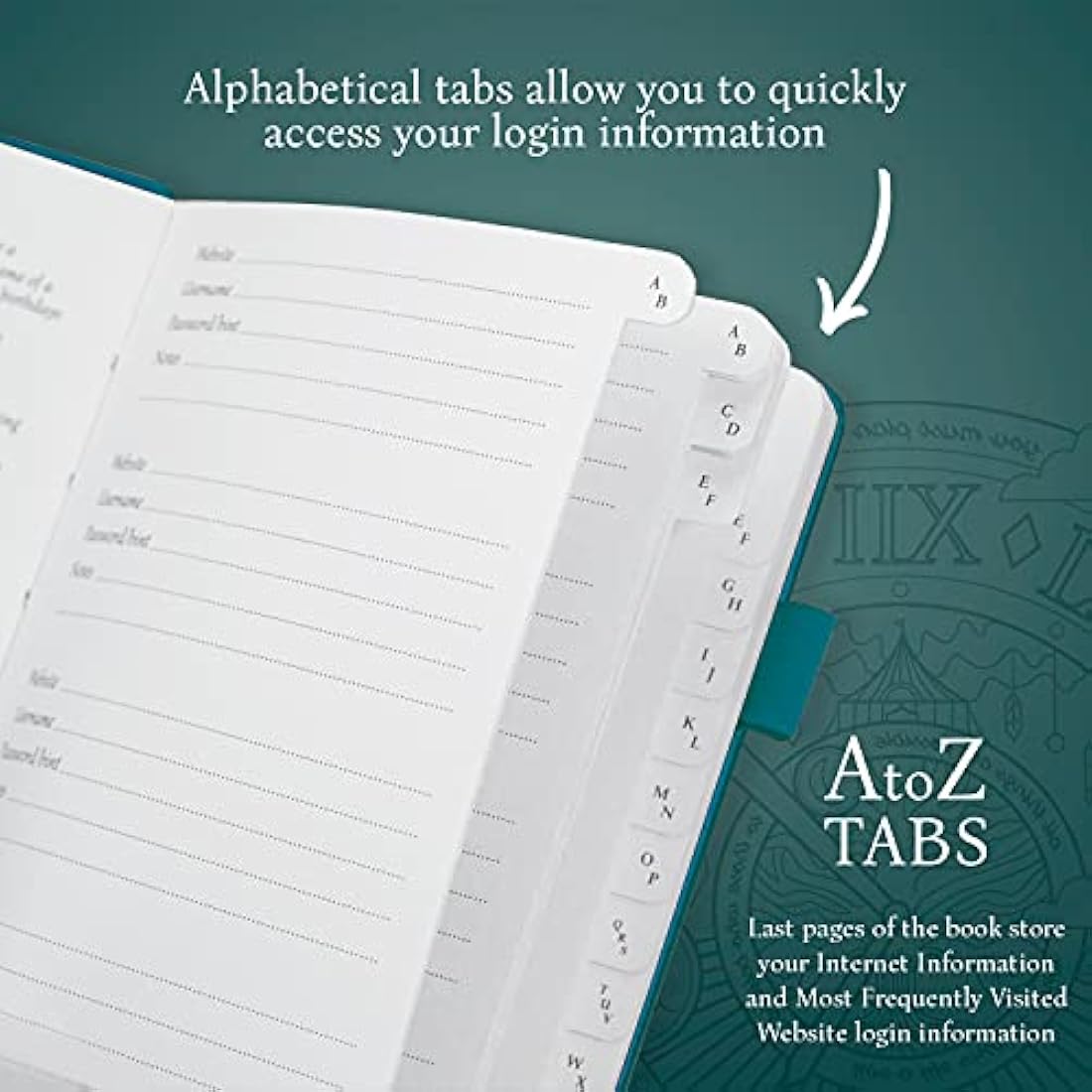 Legend Planner Password Book with Alphabetical tabs. Internet Address Keeper Logbook. Journal for Website Logins, Medium 13x19.5cm (Turquoise)