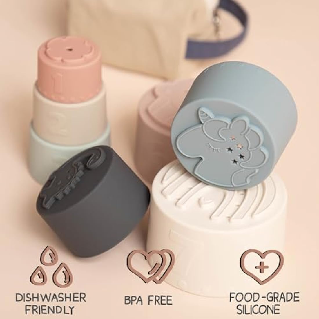 Moonkie Baby Stacking Cups Toy Silicone, Teether for Baby, Early Development & Activity Toys, Silicone Soft Teething Toy, for Bath Play, Stacking Toys 7 Piece Set