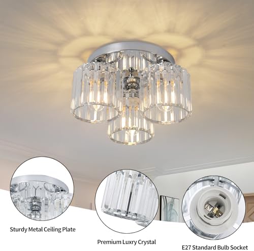 ZYDTRIP Crystal Chandeliers Ceiling Light, 3-Lights Crystal Lights Living Room, Modern Chrome Semi Flush Ceiling Light Fittings for Bedroom, Hallway, Bathroom, Foyer, Kitchen Light Fixture