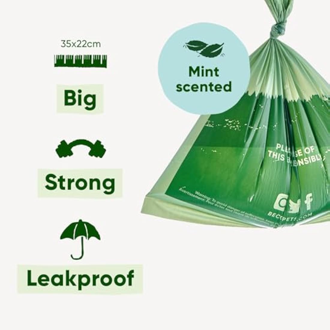 Beco Dog Poop Bags Rolls - Strong & Large - 120 Bags (8 Rolls of 15) Mint Scented, Dispenser Compatible for Dog Waste