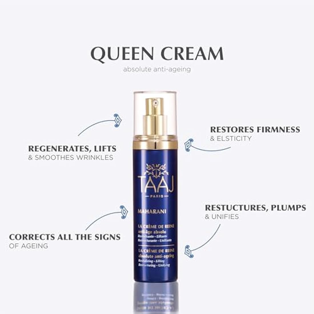 TAAJ | The Queen's Cream - MAHARANI | Powerful anti-ageing actives | Revitalised and plumped up, the skin is visibly younger | Wrinkles are smoothed | Hyaluronic acid, collagen and elastin | 50 ml