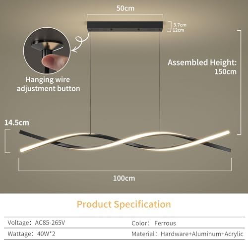 Mikeru 100CM Wave Pendant Light, 10%-100% Dimmable, Remote Control for 3 Colors Light 3000K/4500K/6000K, Black Kitchen Island Lights for Dining Room, Living Room