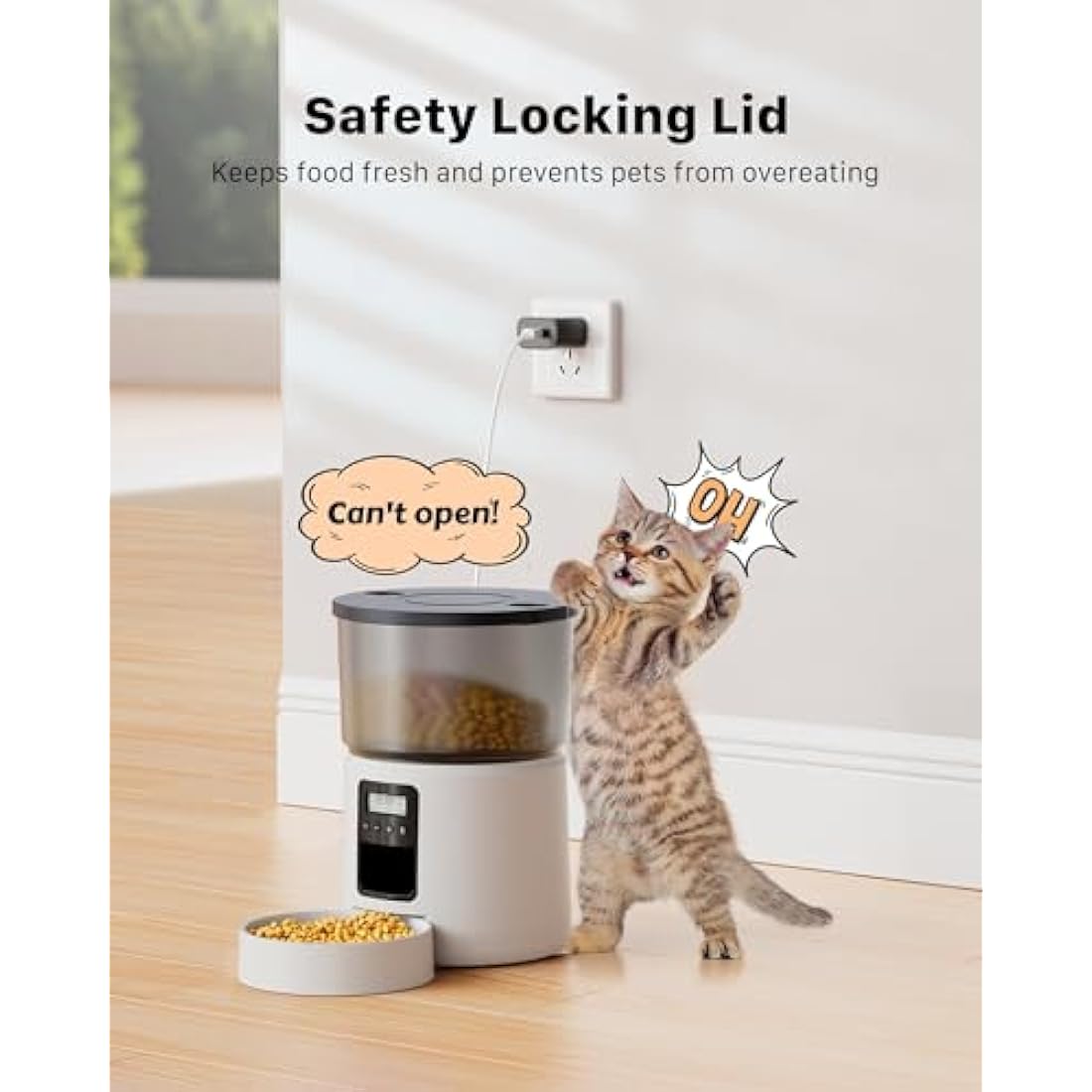 BEMOONY Automatic Cat & Dog Feeder, 5L Food Dispenser with 1-6 Meals, Customized Schedule, Dual Power, Double Lock, 10s Voice Reminder, White