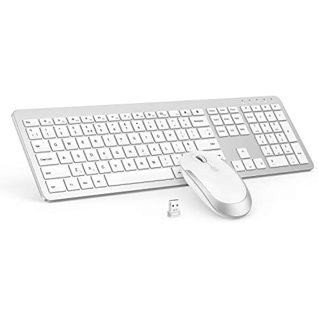 seenda Wireless Keyboard and Mouse Set, SK38 Ultra Slim Quiet USB Wireless Keyboard and Mouse Full Size QWERTY UK Layout with Numeric Keypad for Windows PC, Laptop, Computer, White and Silver