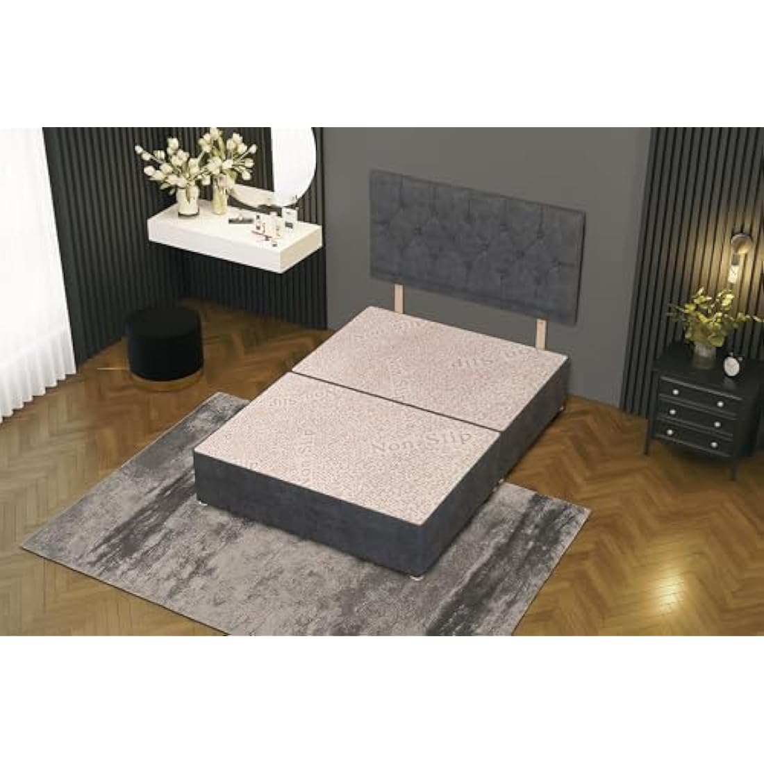 Bed Centre Charcoal Plush Fabric Divan Base Plus Matching Headboard3ft 4ft 4ft6 5ft 6ft (5FT (King))