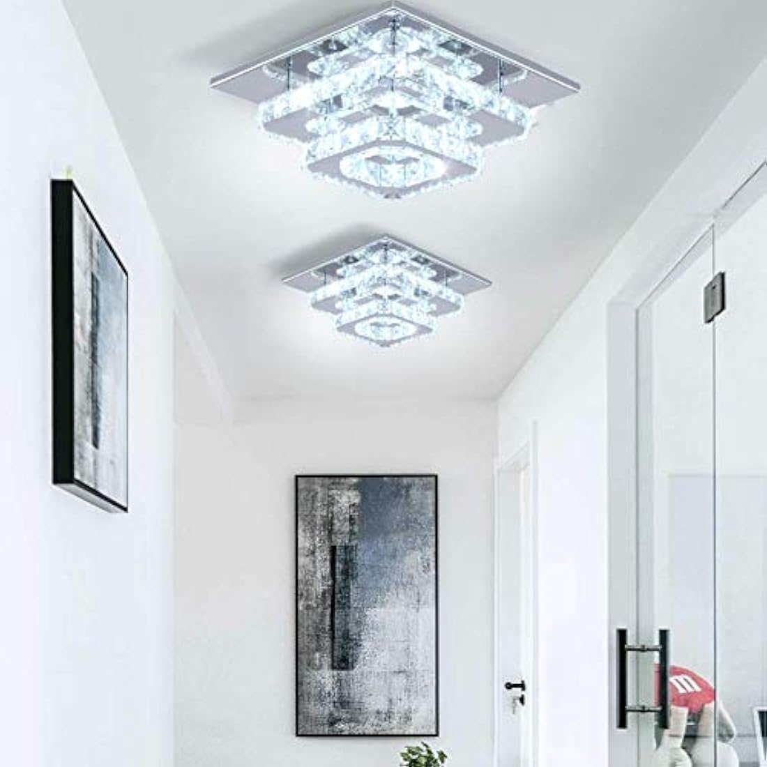 Finktonglan Crystal LED Ceiling Light, Lamp Stainless Steel K9 Modern Flush Mount Lights Fixture Square Chandelier for Dining Room Living Bedroom (Cool White)