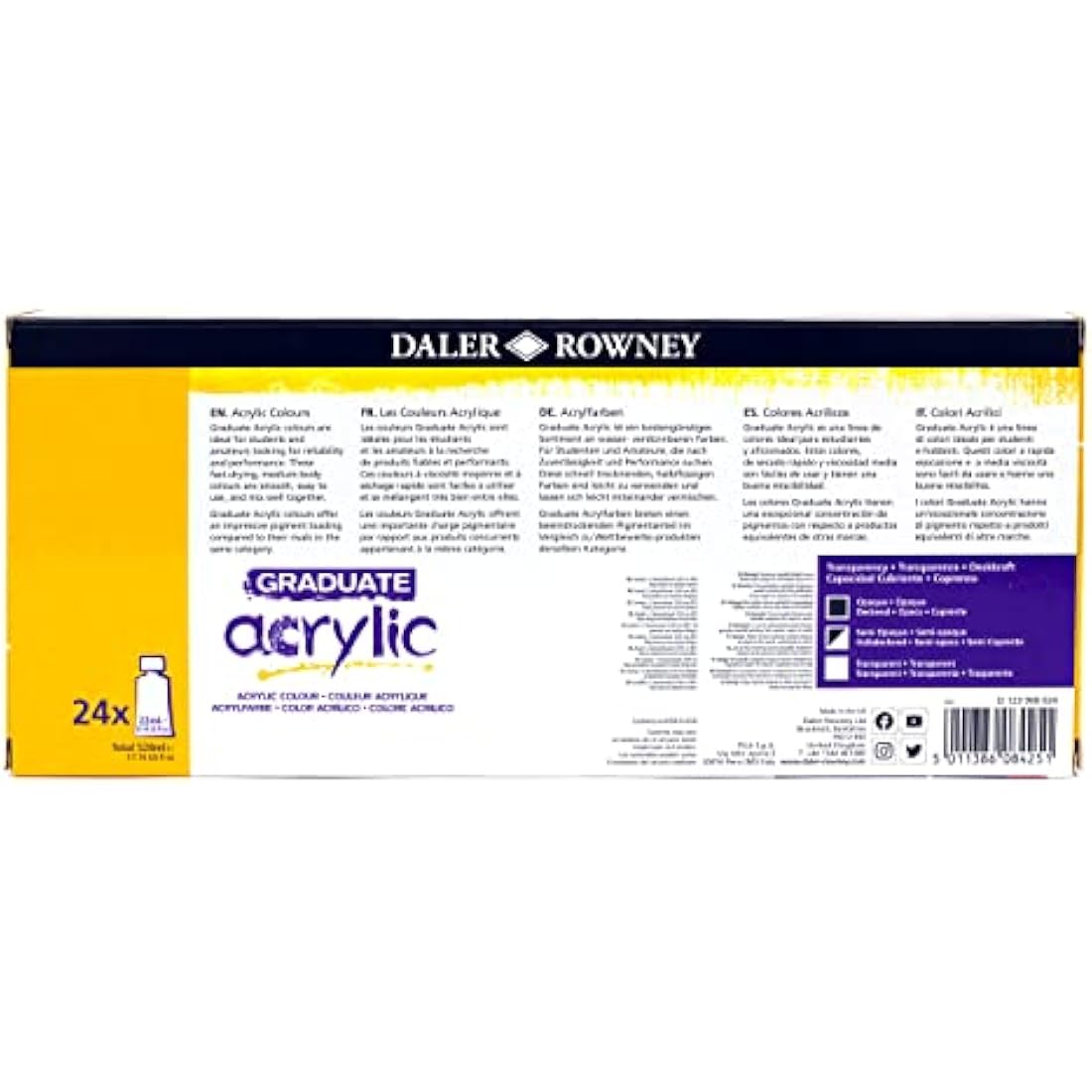 Daler-Rowney Graduate 22ml Acrylic Paint Set, 24 Assorted Colours, High Lightfastness, Water-Based, Solvent-Free, Ideal for Student Artists & Hobbyists