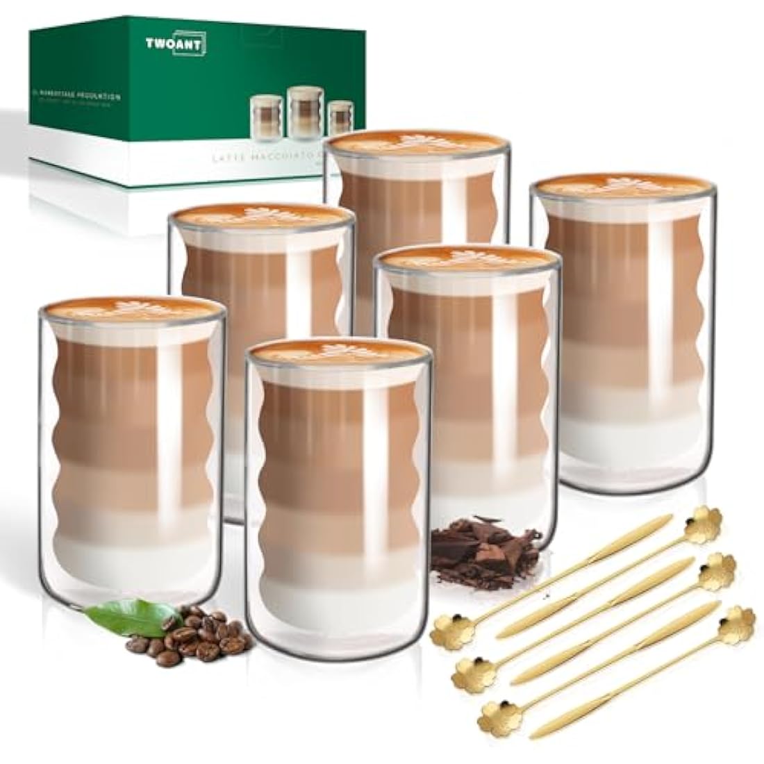 twoant 6 x 400ml Double Walled Glass Coffee Mugs with 6 Spoons,Cappuccino Latte Tea Cups Clear Coffee Cups Borosilicate Heat Resistant Glasses Cups