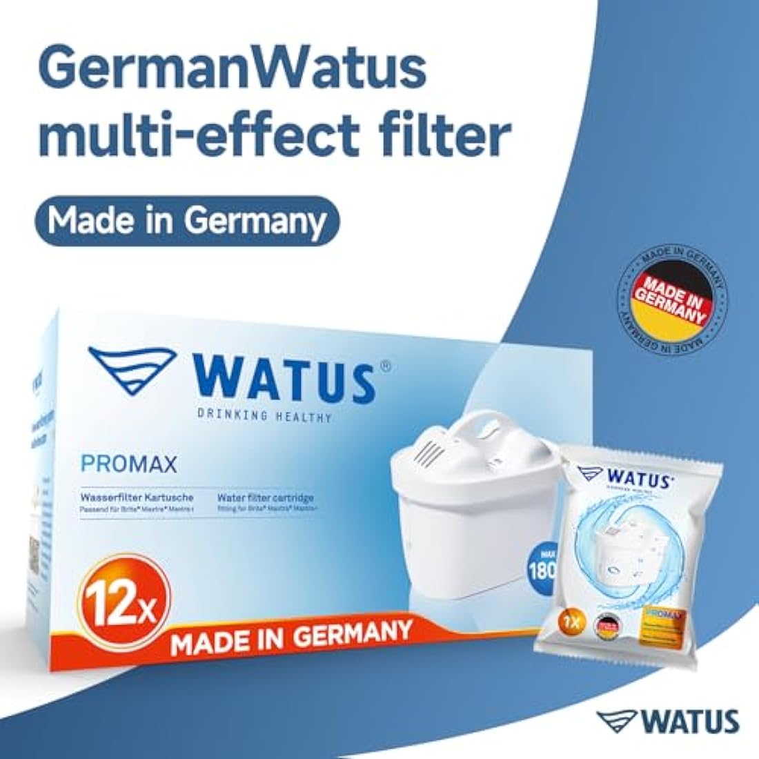Watus Water Filter Cartridges, for Brita Water Filter Cartridges, Brita Maxtra Pro, Maxtra Plus, Made in Germany, Reduces Lead, Chlorine, Heavy Metals and Limescale in Water (12)