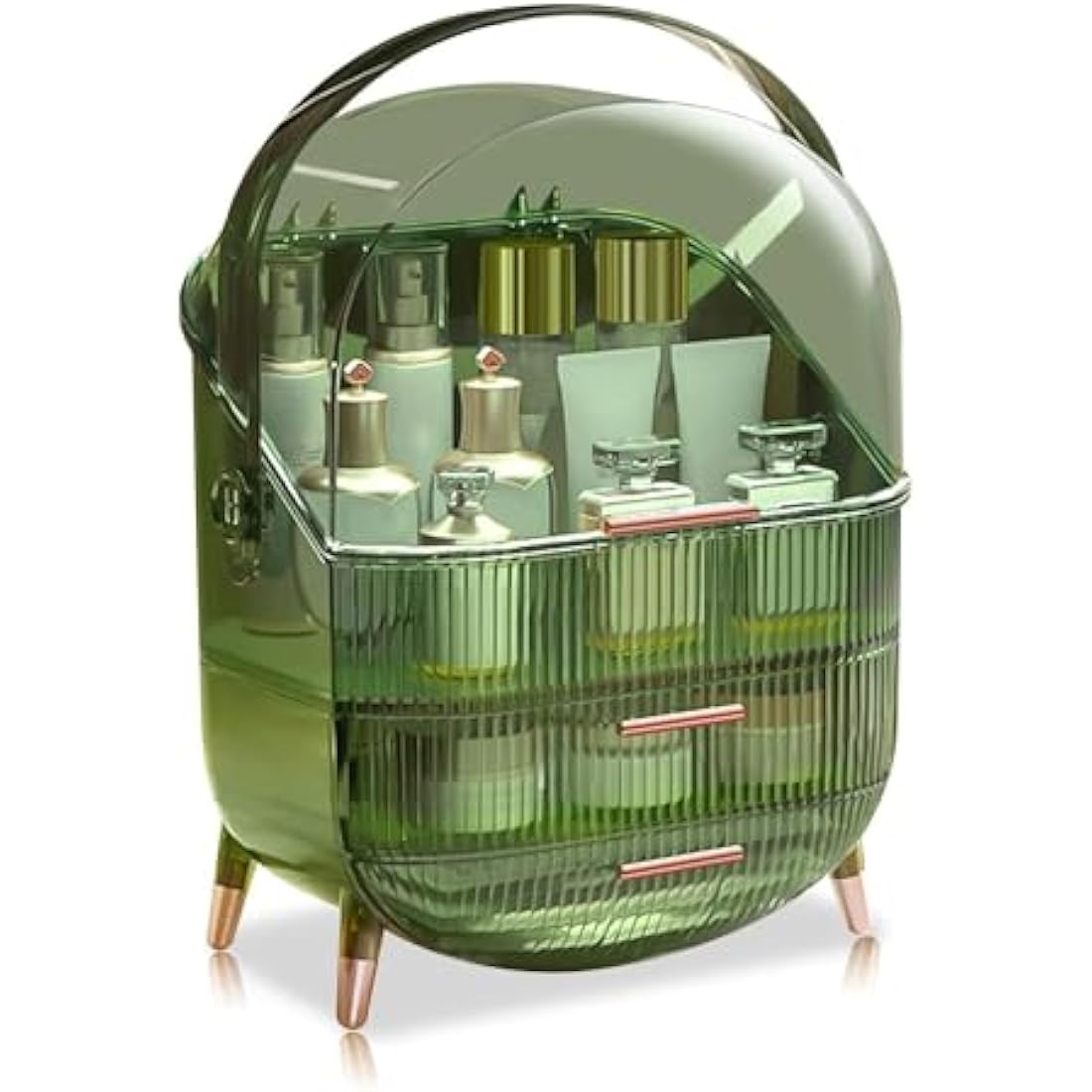 SIOOUI Makeup Organizer, 3 Layers Large Capacity Cosmetic Storage, Cosmetic Display Case with 2 Storage Drawers, Cosmetic Organizer for Bathroom Counter, Vanity Countertop, Bedroom (Clear Green)