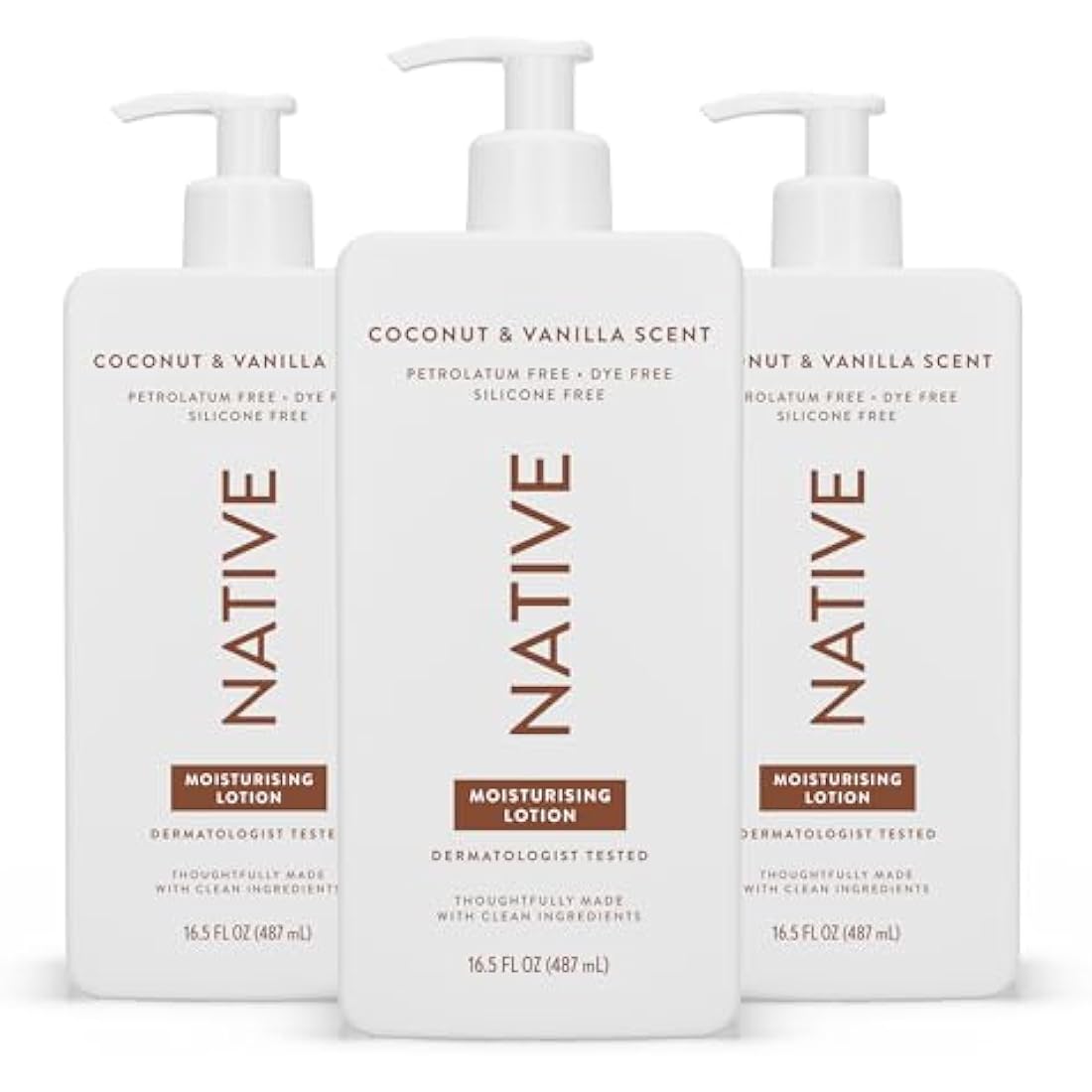 Native Body Lotion for Men & Women - Silicone & Dye Free - Coconut & Vanilla Scented Hand Lotion + Body Moisturizer for Dry Skin - Naturally Derived with Shea Butter & Glycerine (3 Pack, 487ml)