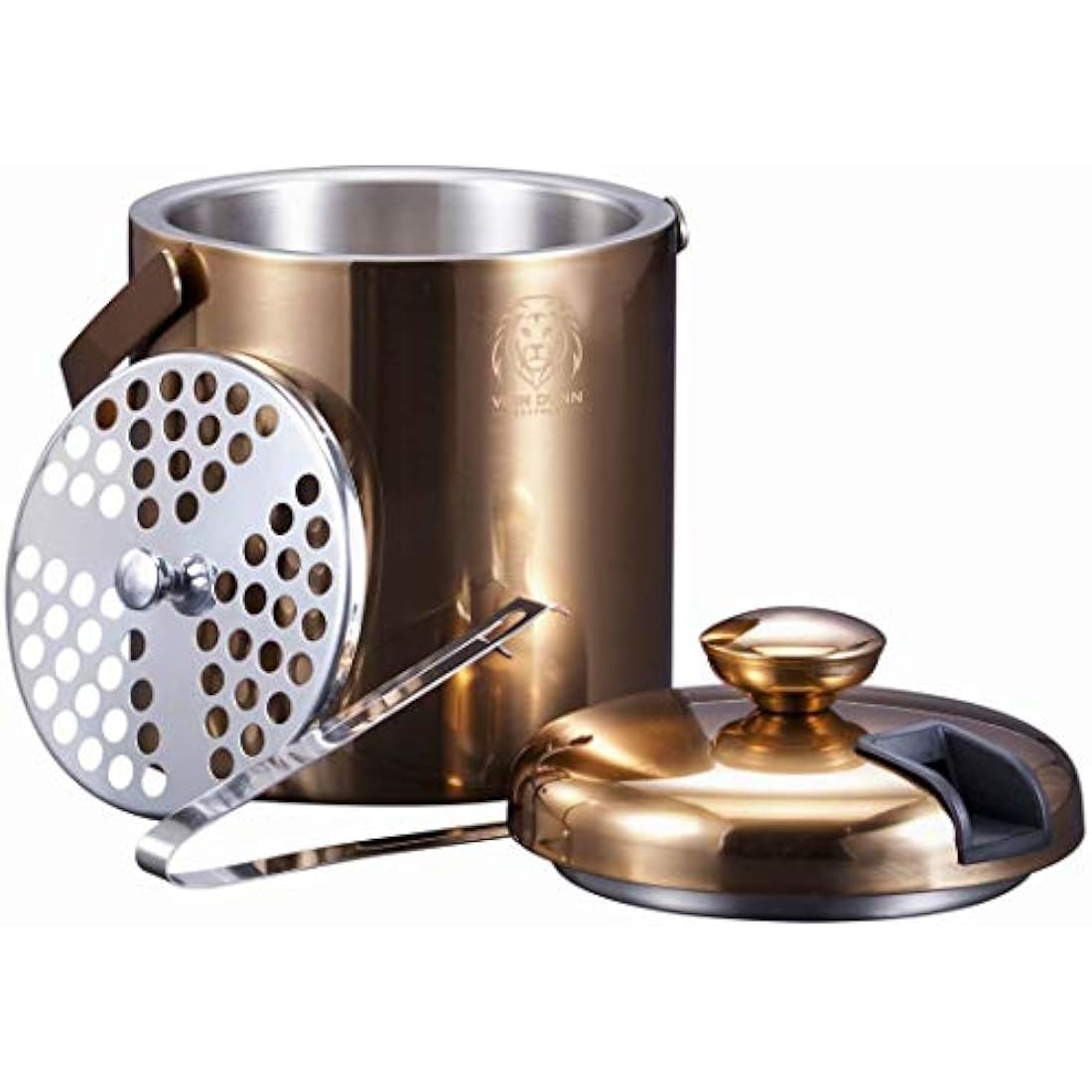 VINN DUNN Ice Bucket with Lid 1.2 Litre Stainless Steel Double Walled Ice Bucket Insulated with Concealed Tong&Carry Handle(Warm Sunset Gold)