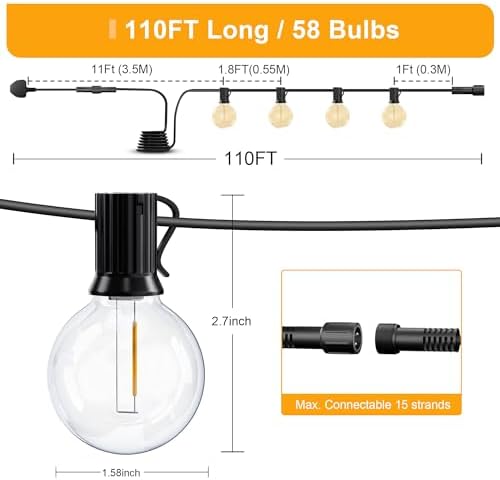 Torkase Outdoor String Lights Mains Powered,110FT/33M G40 Garden Festoon Lights with 56+2 Shatterproof G40 Plastic LED Edison Bulbs Waterproof for Outside Patio Gazebo Pergola Décor Wedding Cafe