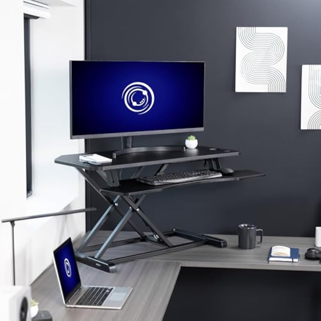 VIVO Extra Wide Corner Height Adjustable 97 cm Stand up Desk Converter, Sit Stand Tabletop Dual Monitor and Laptop Riser Workstation, Black, DESK-V000KL