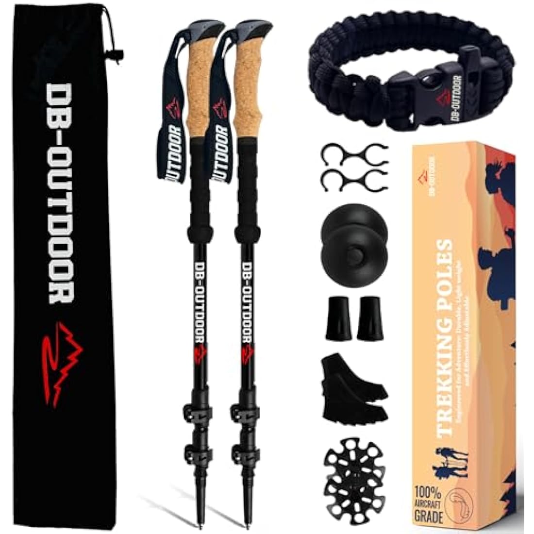 DB-OUTDOOR Trekking Hiking Walking Poles Women and Men - 2 Ultralight 7075 Aluminum Collapsible Hiking Sticks for Men, Natural Cork Grip & Metal Flip Lock Nordic Walking Poles for Men and Seniors
