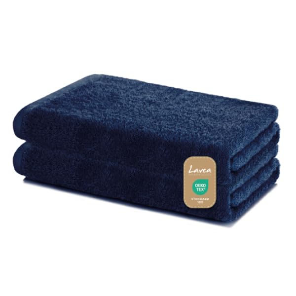Lavea Bath Towels Set of 2, 60 x 120 cm, Soft & Absorbent 100% Cotton Towels, Navy, Oeko-Tex 100 Certified, with Hanging Loops, Washable at 60