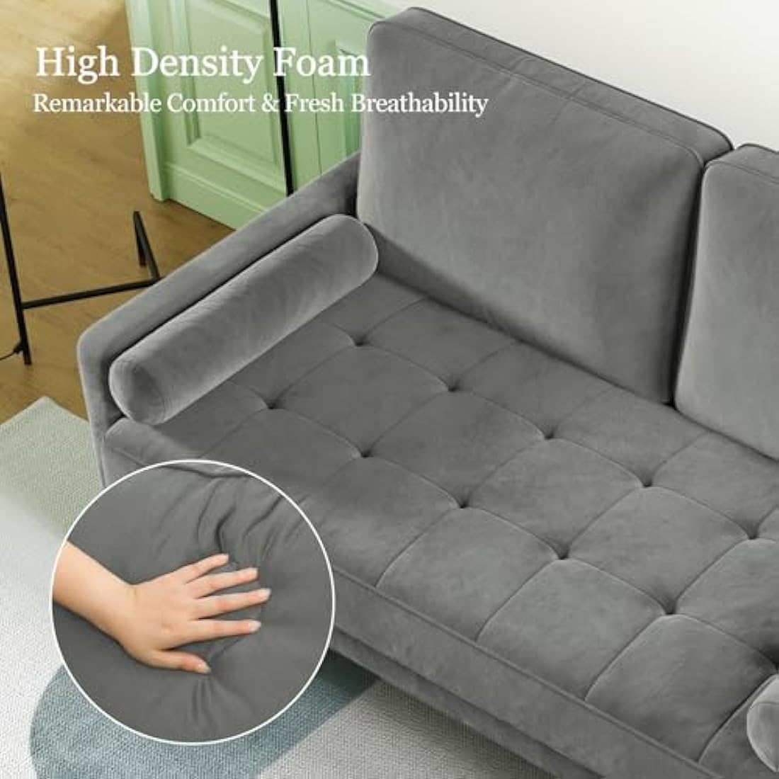 Vesgantti Small 2 Seater Sofa Grey, Comfy Sofa Couch with Spring Cushion, Velvet Sofa with Wood Legs, Modern Love Seat Sofa, Sofa 2 Seater for Living Room, Small Sofa for Bedroom, Grey Office Sofa