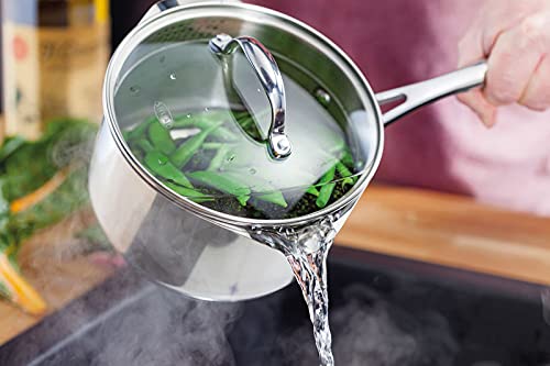 Stellar Profile Stainless Steel Draining Saucepan with Lid 20cm 3.25L Induction Ready, Oven Safe, Dishwasher