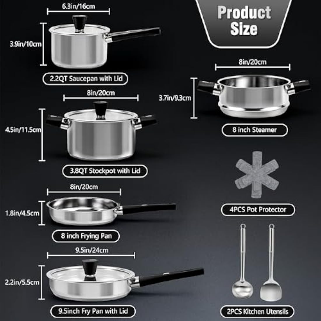 Stainless Steel Saucepan Set, 14-Piece Non Toxic Cookware Set with Stay-Cool Handle, Kitchen Induction Hob Pots and Pans Set with Steamer, PFOA/PFOS/PTFE Free, for All Stove