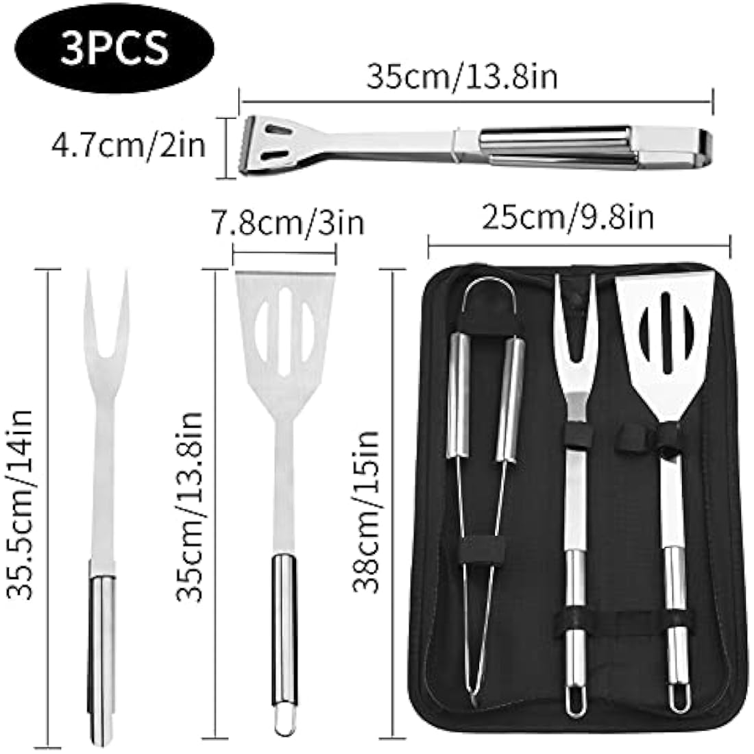 BBQ Tool Set,3 Pcs Professional Stainless Steel Grill Accessories Set with Handle Storage Bag,Camping Barbecue Grilling Utensils Kit Spatula Tongs Fork for Birthday Christmas Party