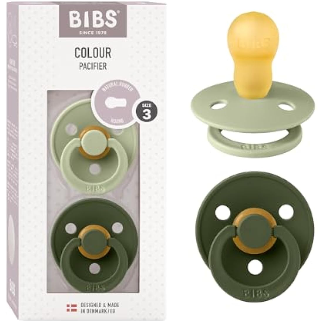 BIBS Colour Soother 2-Pack, BPA Free Dummy Pacifier, Round Nipple. Natural Rubber Latex, Size 3 (18+ Months), Sage/Hunter Green