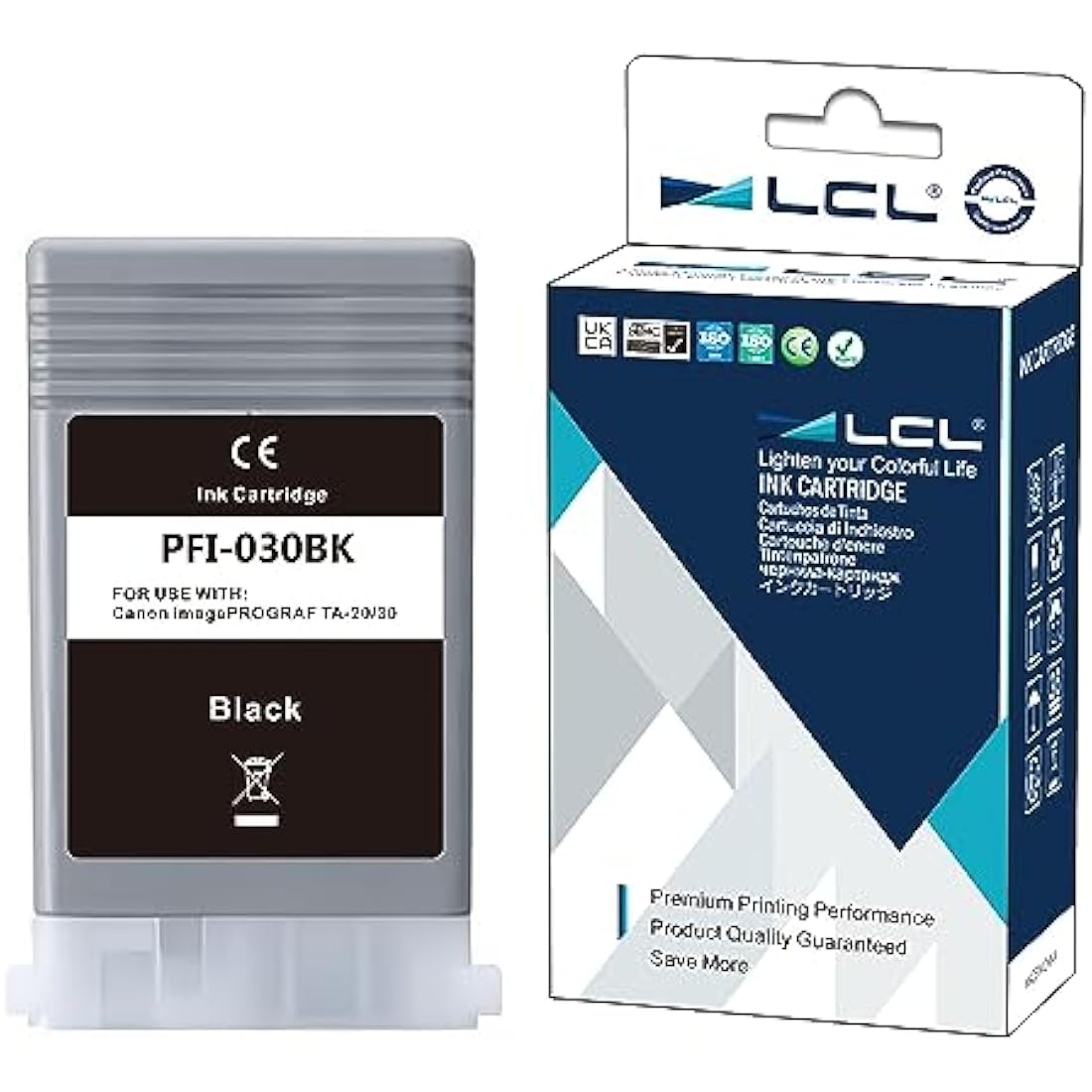 LCL Compatible Ink Cartridge PFI030 PFI-030 PFI030BK PFI-030BK (1PK 55ml Black) Replacement for Canon ImagePrograf TA-20 ImagePrograf TA-30 ImagePrograf TM-240 ImagePrograf TM-340