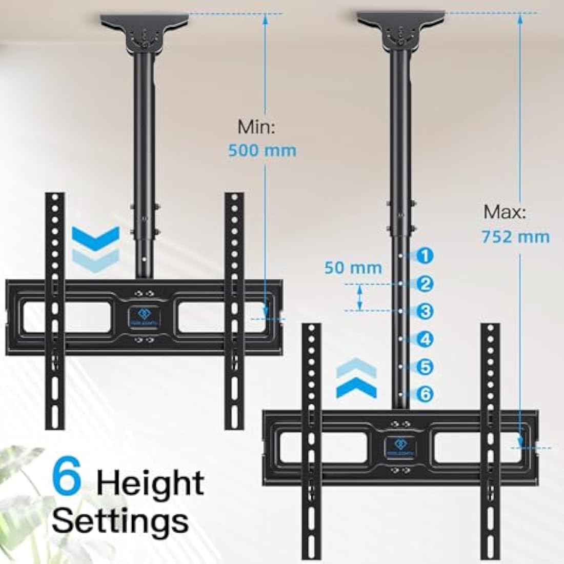 PERLESMITH Ceiling TV Bracket - Adjustable Swivel Ceiling Mount for Most 26-65 inch TVs, Full Motion Ceiling TV Mount, Supports up to 50kg, Max VESA 400x400mm, PSCM2-E