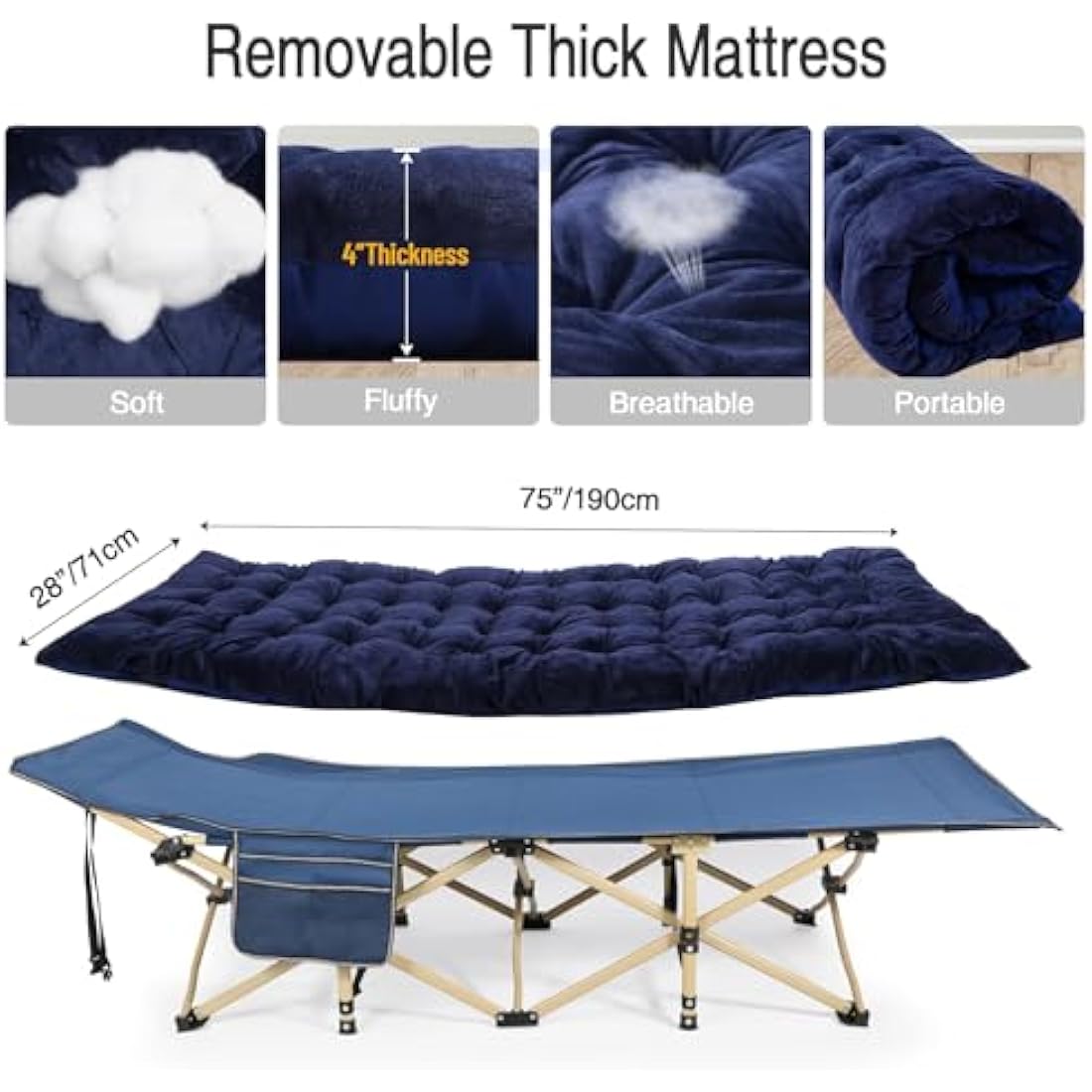 REDCAMP Folding Camping Beds for adults, Heavy Duty Sturdy Camp Bed with Mattress, Stronge Thicker Tubes Sleeping Cot Outdoor Travel Office (Navy Blue Camping Bed+Blue Mattress Thicker)