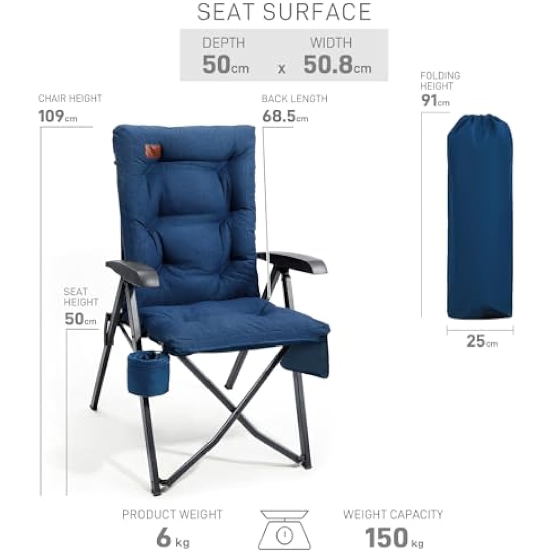 EVER ADVANCED Luxury Camping Chairs 2 Set for Adults Heavy Duty High Back Oversized Folding Garden Chair Comfy Padded 6cm Loadable 150kg Cam Adjustable Dining Chairs 4-Position Recliner Blue