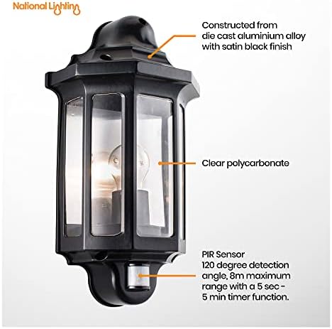 National Lighting Black Outdoor Security Lights - PIR External Wall Light - Motion Sensor Presence Detector Half Lantern Garden Porch Wall Lamp - IP44 Rated 60W GLS ES or LED E27 (Not Included)