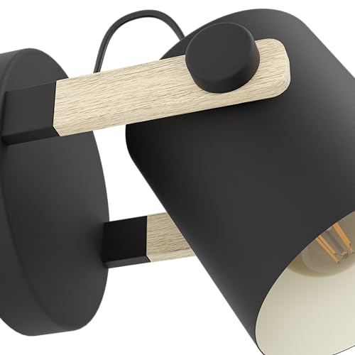 Eglo Infoor Wall Light Hornwood, Vintage Wall lamp in Industrial Design, Retro Lighting Made of Steel and Wood, Colour Black, Cream, Brown, Socket
