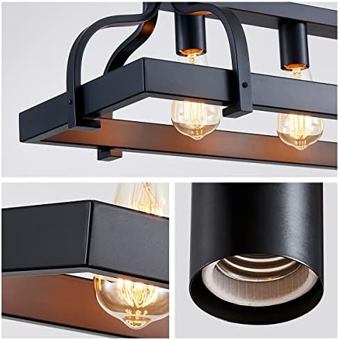 WUZUPS 4-Light Metal Pot Hanging Rack Chandelier Linear Pendant Ceiling Lighting Rustic Farmhouse Fixture Kitchen Island Dining Room, H25 x L88 x W30, E27 Base, Black