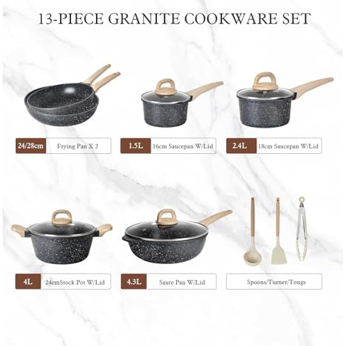 Terlulu Induction Hob Pots and Pans Set - 13pcs Nonstick Cooking Pans Set, Black Granite Cookware Set with Lid, Non Stick Saucepan Set, Frying Pan Set, PFAS PTFE PFOA PFOS Free
