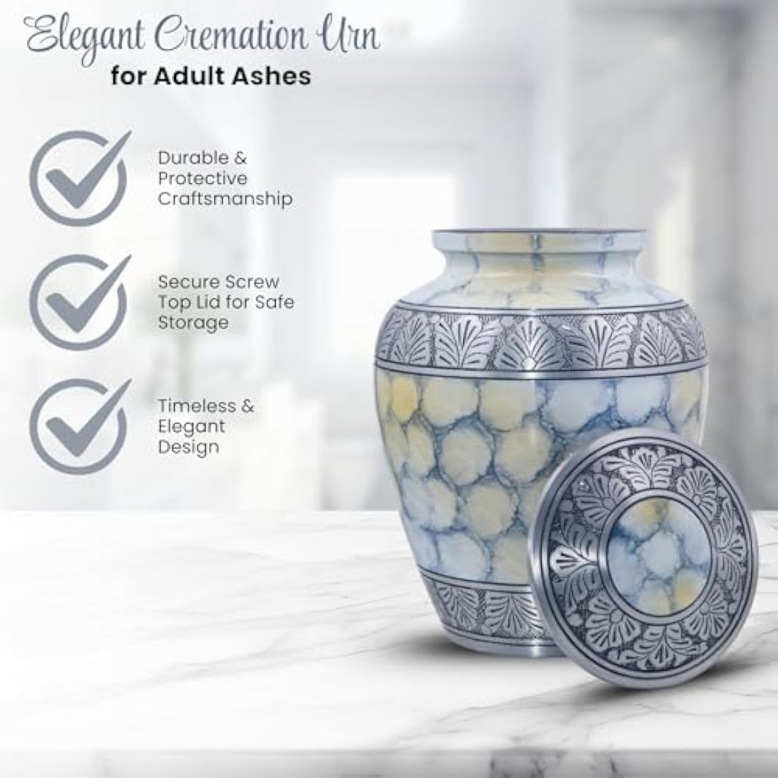 Silver Engraved Adult Cremation Urn for Human Ashes - Handcrafted Funeral Memorial Large Burial Urn (7.5" x 7.5" x 9.5"- 200lbs or 91kg, Cloud White) - Bag Included