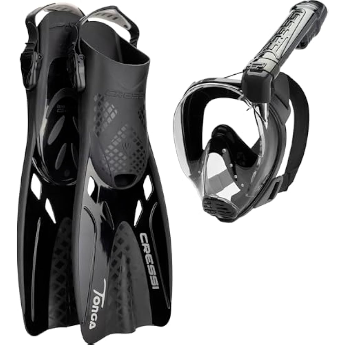 CRESSI Tonga Fins/Set - Lightweight Adjustable Short Fins with Open Heel or Set of Fins + Full Face Mask with Wide Vision Baron, Ideal for Snorkeling, Swimming, Adults