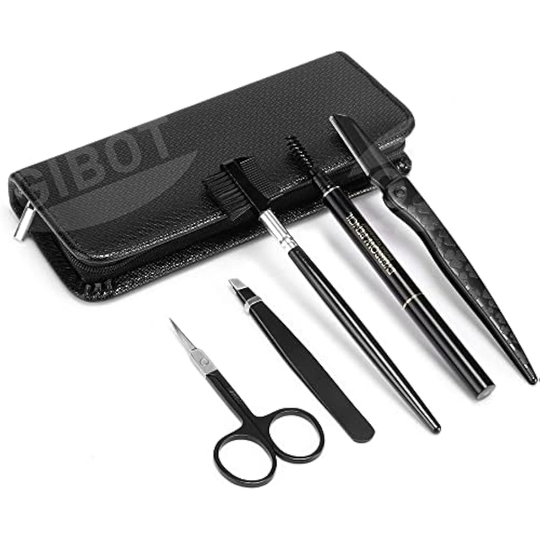Gibot Stainless Steel Eyebrow Grooming Kit - 5pcs Set with Tweezers, Scissors, Brush Comb, Pencil, Razor and Travel Case for Women and Men, Black