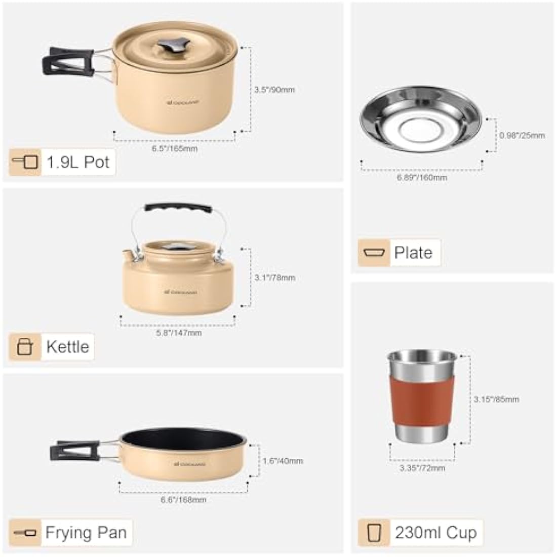 Odoland Camping Cookware Set Non-Stick Pot and Pan Set with Kettle, Stainless Steel Utensils Mess Kit, Cups Plates Knives Spoons Forks for Outdoor Cooking
