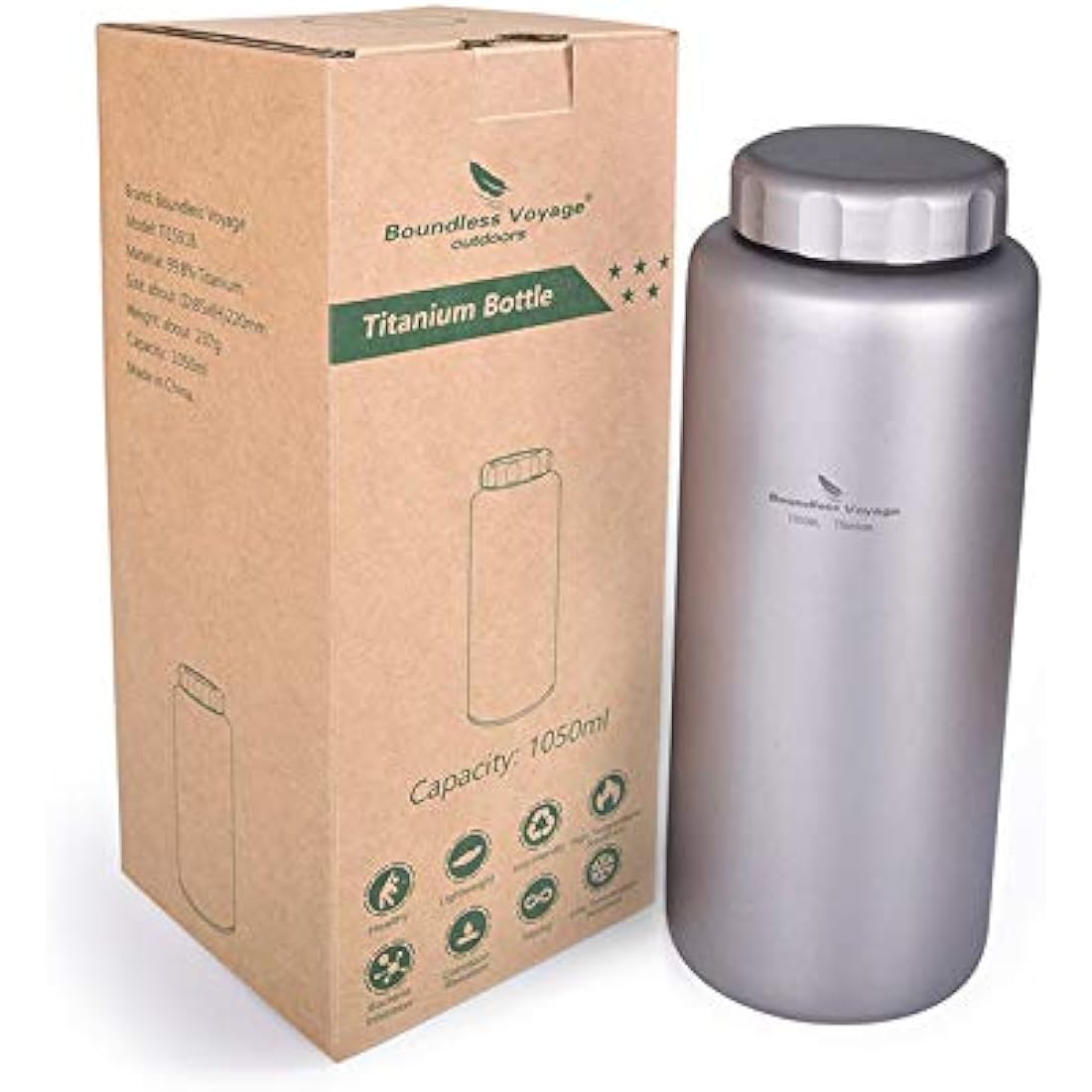 Boundless Voyage Titanium 600ml Cup & 1050ml Water Bottle Set Lightweight Portable Tea Coffee Wine Dinnerware for Backpacking Hiking Camping