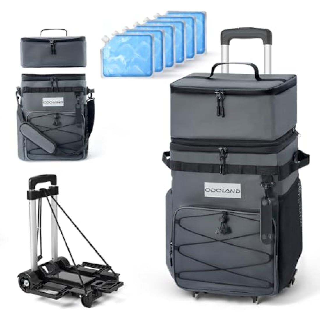 Odoland Cooler Box on Wheels, Leakproof Insulated Soft Rolling Cooler Bag with Stable All Terrain Cart and Handle Collapsible for Camping Beach Fishing Picnic with 6 Ice Cold Pack