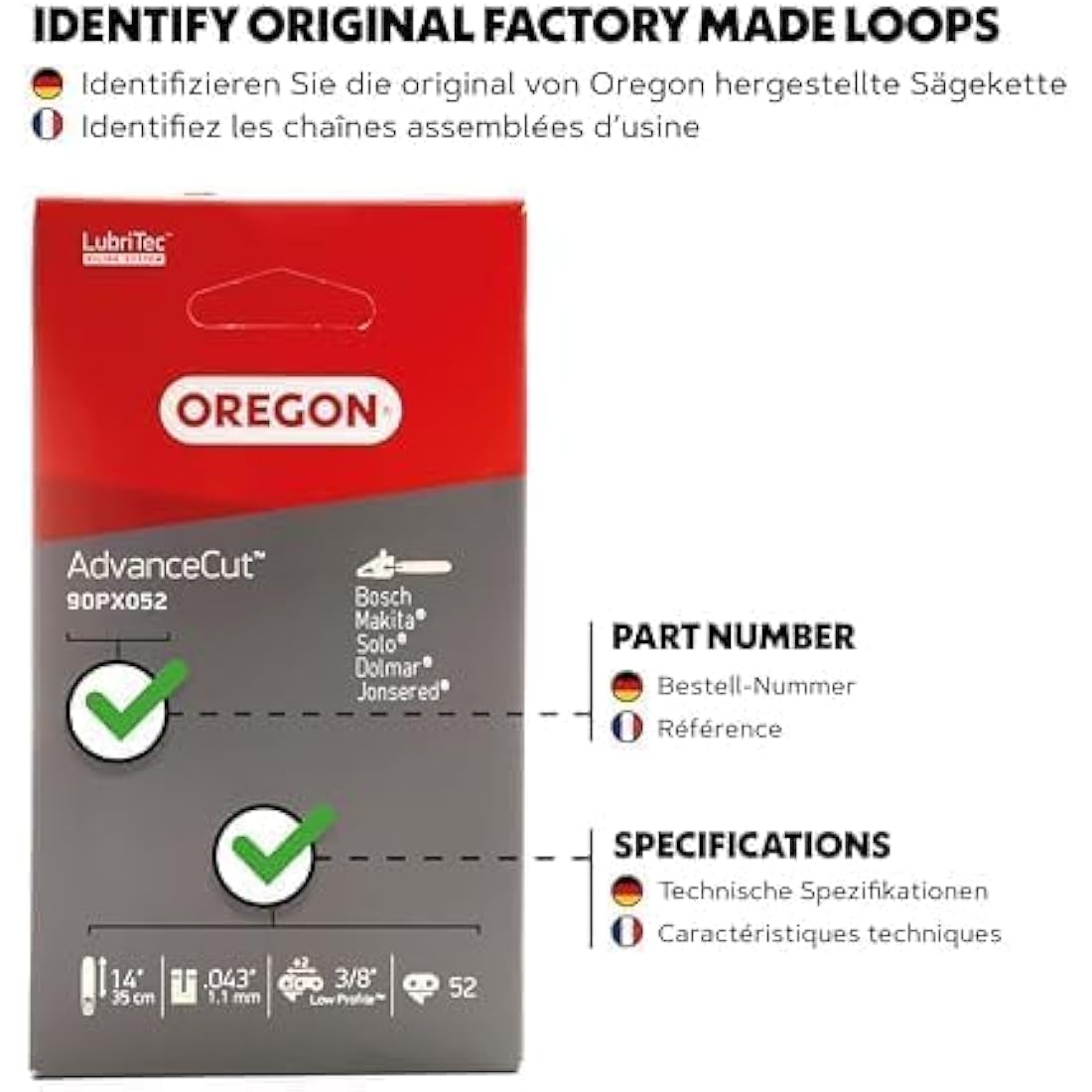 Oregon AdvanceCut Chainsaw Chain for 14-Inch (35cm) Bar -52 Drive Links – fits Bosch, Karcher, Husqvarna, Makita and more (90PX052E)