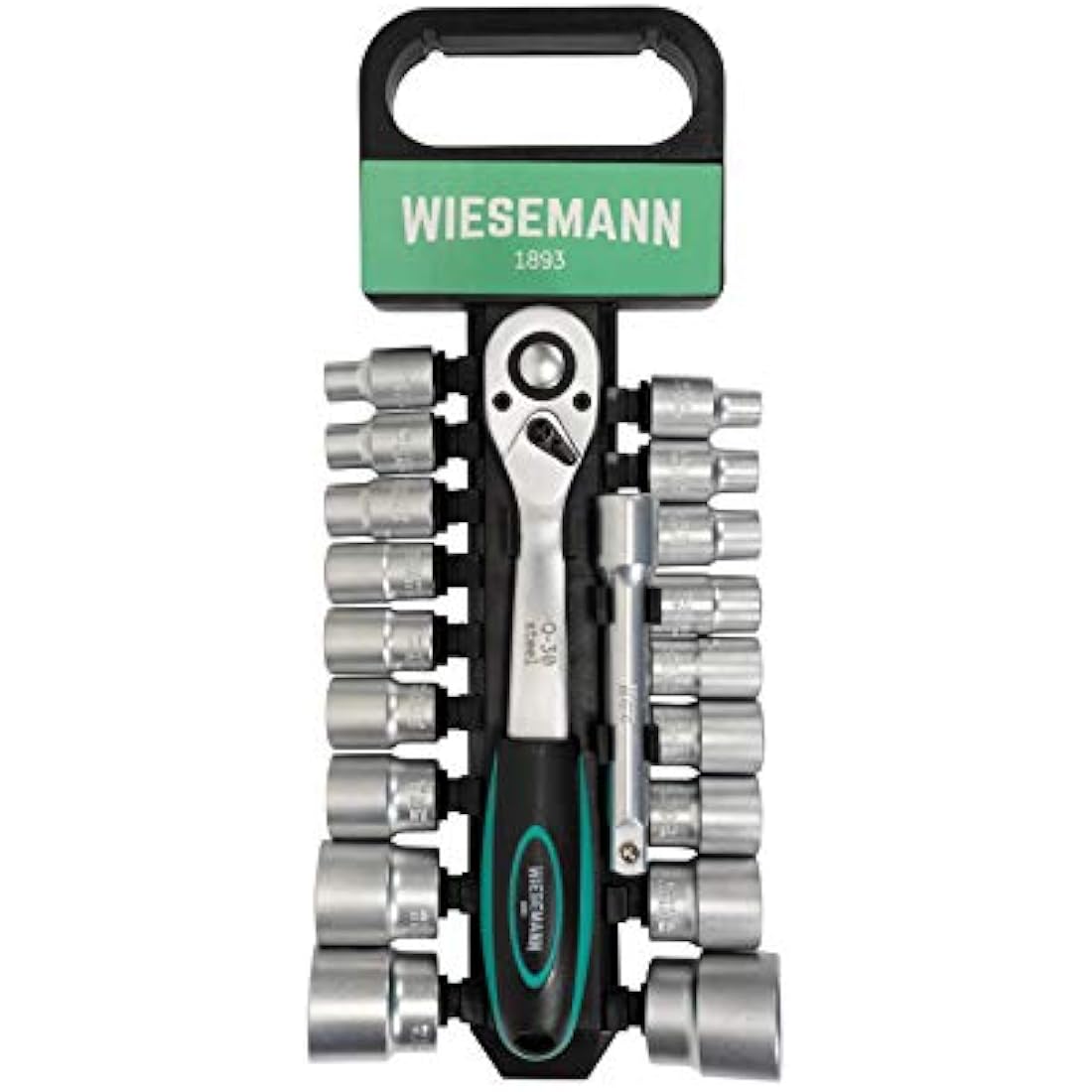 WIESEMANN 1893 Socket Wrench Set 20 pcs with 1/2" Ratchet, 8mm - 32mm Hexagon bit Inserts and Extension 125mm Chrome Vanadium Steel with Holder from I 80041