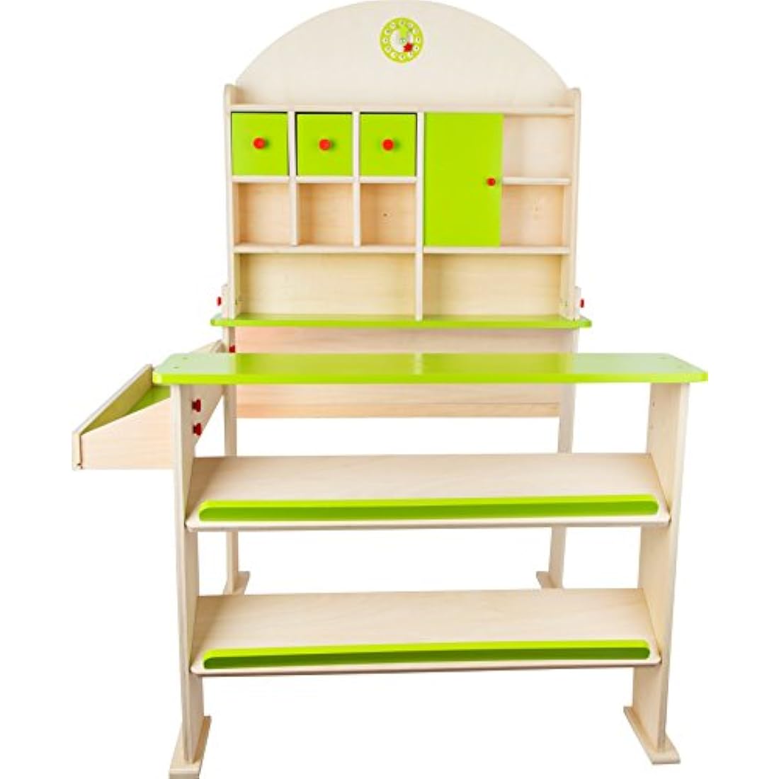 small foot 10587 "Market day" wooden stall with compartments and doors for goods of the merchant shop, from 3 years old