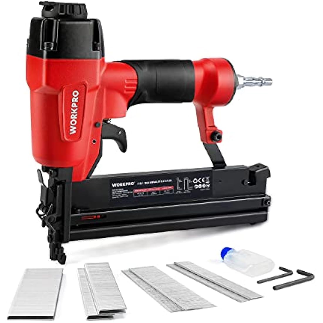 WORKPRO Air Brad Nailer Gun 50mm, 2-in-1 Nail Gun/Upholstery Stapler, Accepts 18G Nails 15-50mm & Type 90 Staples 16-40mm, Lightweight Aluminum Body, Come with 400pcs Nails and 300pcs Staples